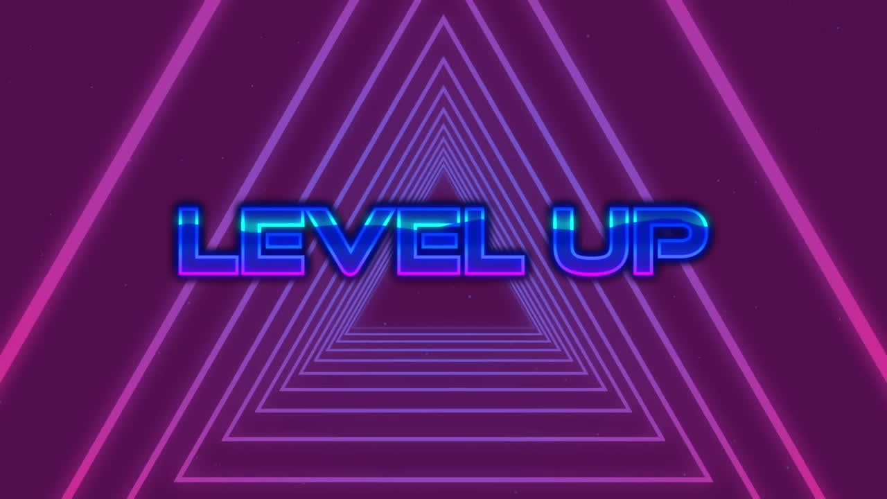 파란색 바탕에 움직이는 분홍색 네온 삼각형 위에 반 ⁇ 이는 파란색 텍스트의 애니메이션