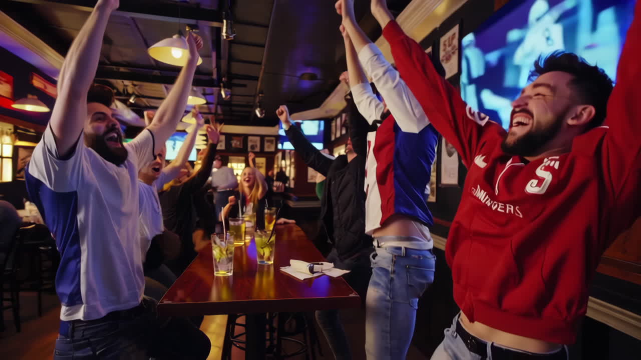Friends Celebrating a Hockey Game Victory at a Sports Bar