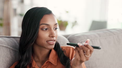 woman, phone call and speaker on living room sofa