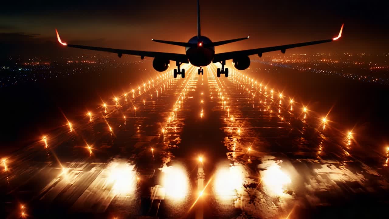 Dramatic Nighttime Landing Sequence: An Aircraft Approaching a Runway Illuminated by Bright Lights, Creating a Stunning Visual of Airport Operations at Dusk