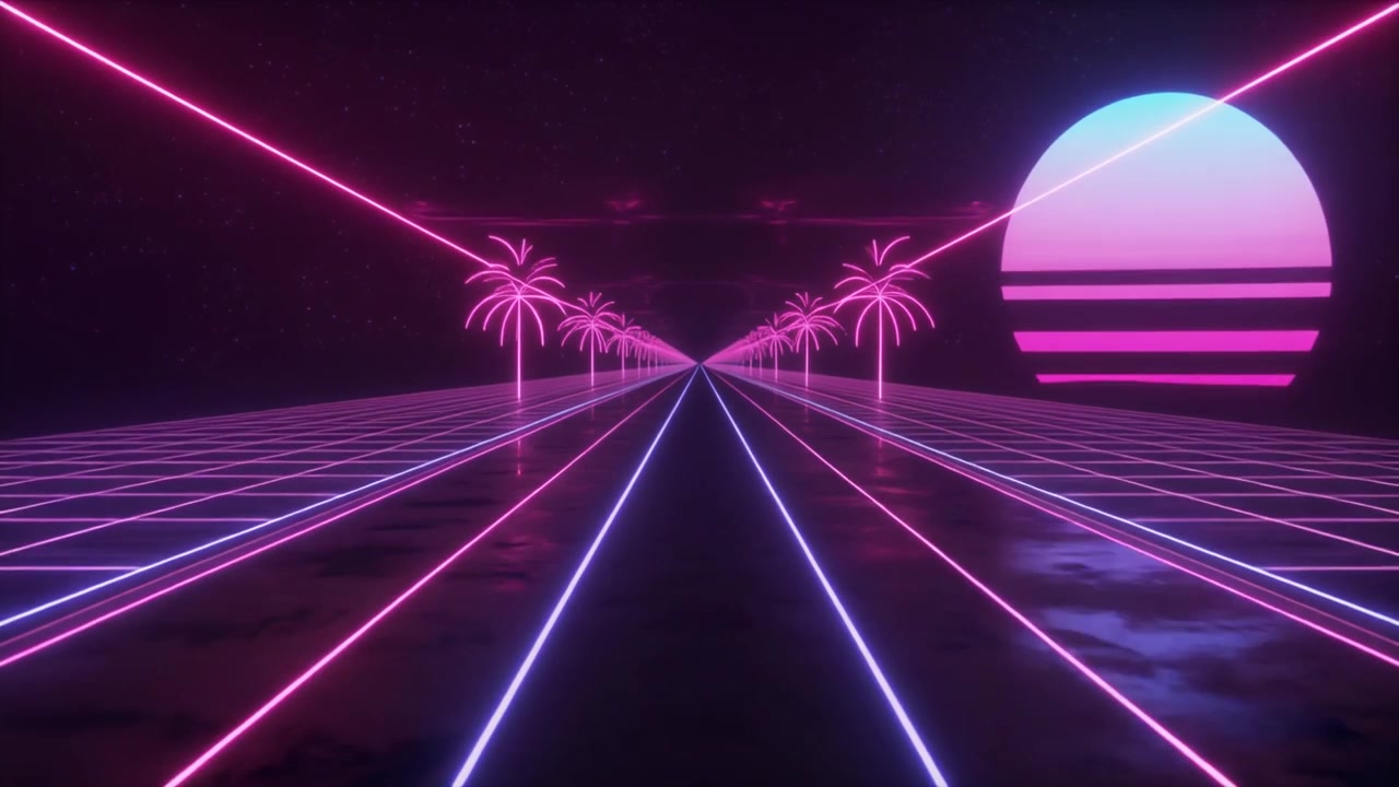 Animazione in stile retro synthwave con palme al neon e un sole luminoso