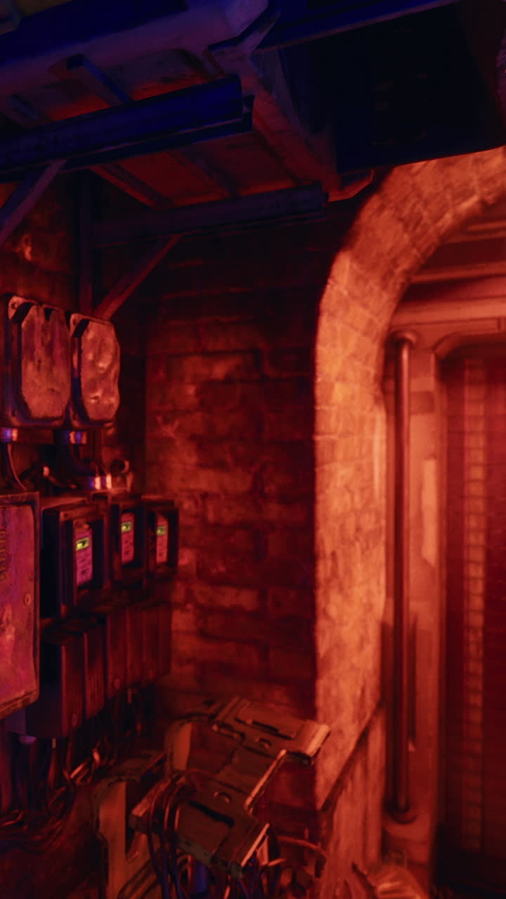 Building interior with wires and meters in dim light at night
