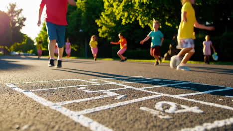 children playing hopscotch outdoors on a sunny day
