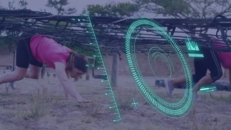 animación del procesamiento de datos sobre mujeres diversas en el rastreo de carreras de obstáculos.