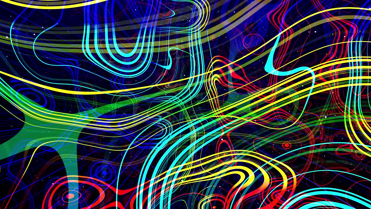 movimiento gráfico, cámara volar en el espacio de arte, estructura multicapa con patrón, partículas de brillo y líneas. textura ornamental color gradiente arco iris. diseño de movimiento vj bucle. abstracto colorido bg. arte moderno