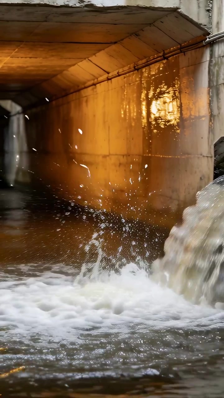 Video verticale: Flusso costante che si riversa nel bacino di un canale di scolo, formando schiuma e spruzzi, con spazio per il testo