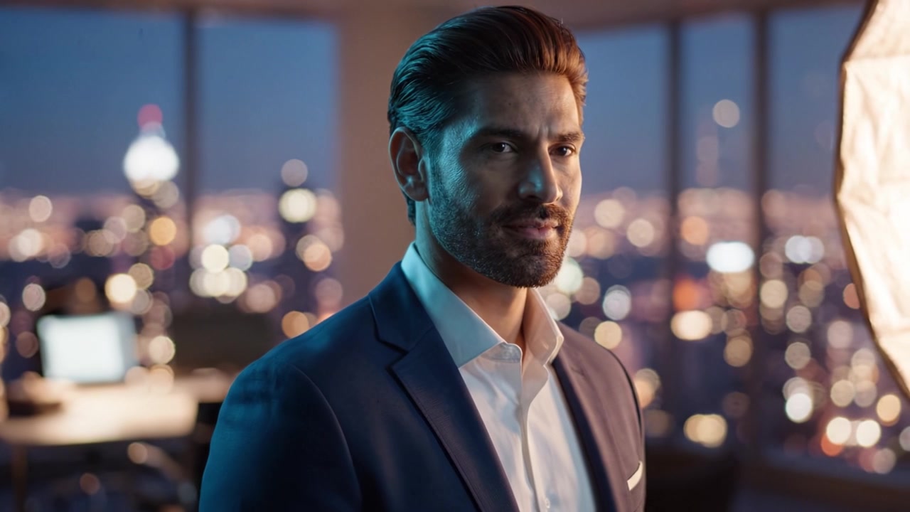 Homem elegante em um terno sofisticado posa pensativamente contra um deslumbrante horizonte urbano ao fundo ao anoitecer, exalando confiança e carisma em um ambiente de escritório moderno.