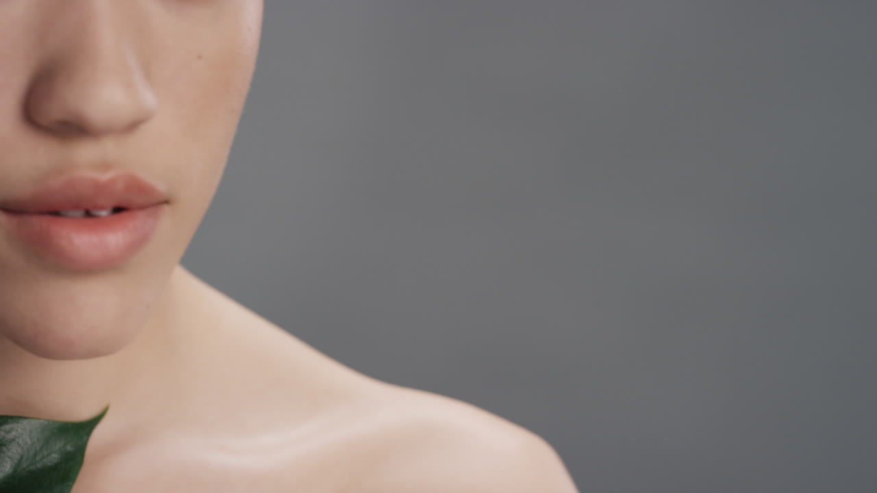 近くの肖像画 セクシーな若い女性 葉で体を触り 撫でる 滑らかな健康な肌の肌色 灰色の背景で 遊び心のある自然の美しさを楽しむ スキンケアコンセプト