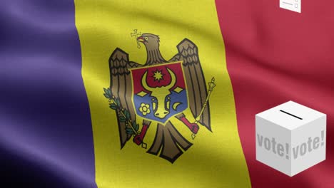 ballots fly to box for moldova selection - ballot box in front of flag - election - vote - flag of moldova - moldova flag high detail - national flag moldova wave pattern loopable elements - fabric texture and endless loop