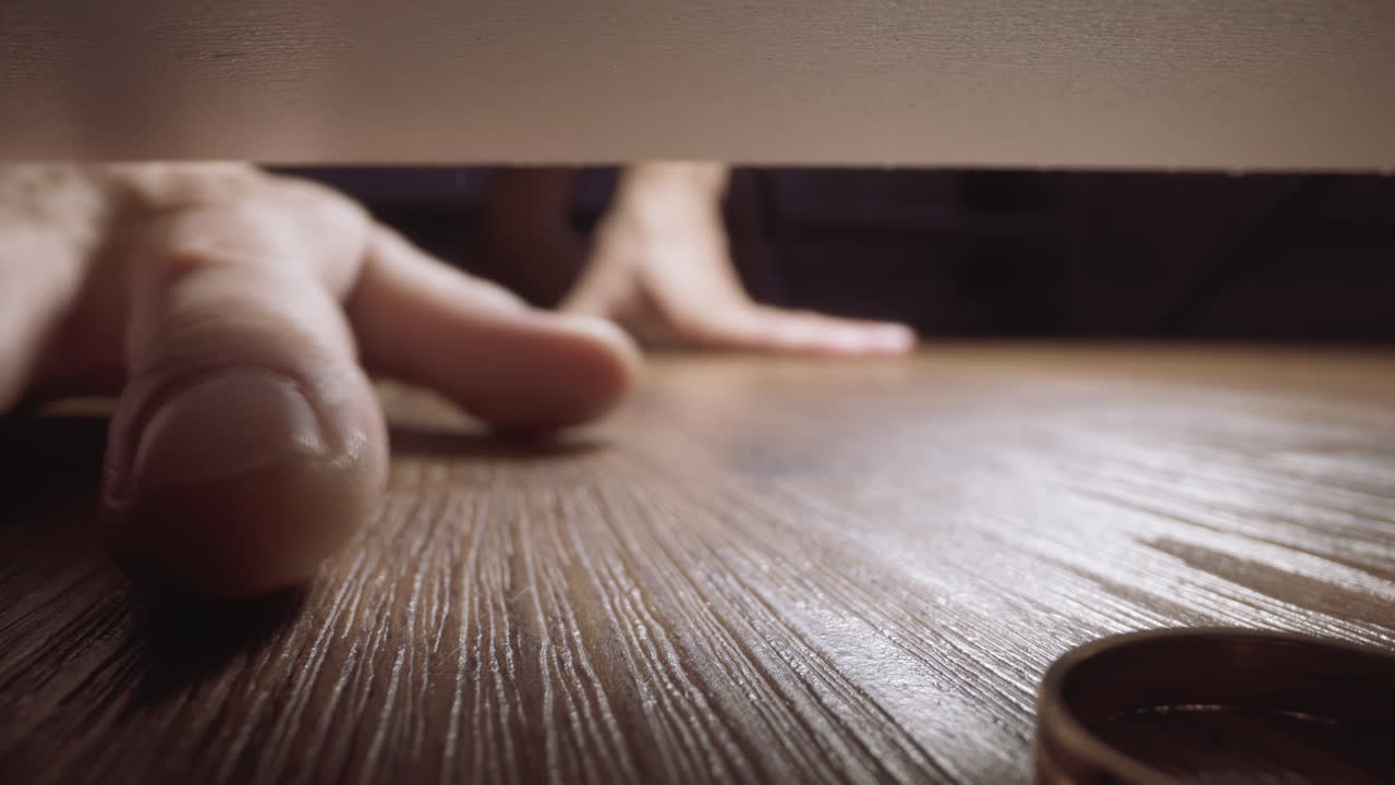 겁에 질린 남자가 떨어지고 돌려진 금 반지를 꺼내려고 합니다.