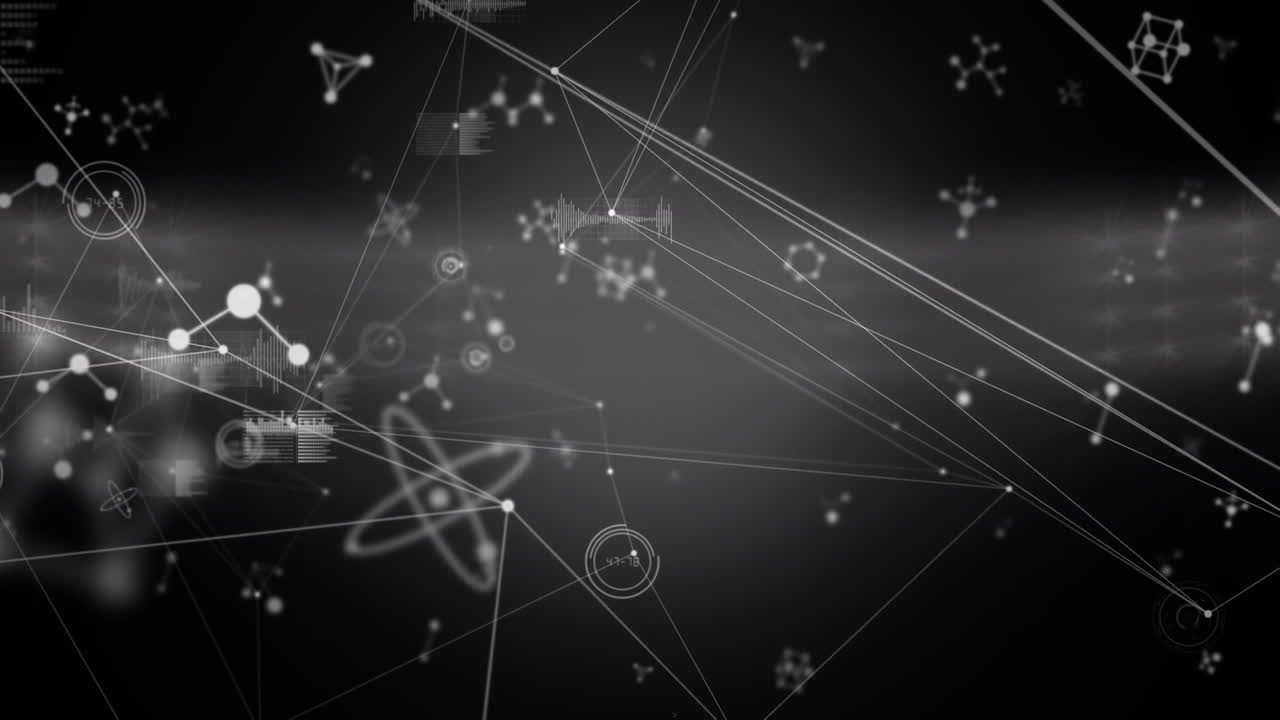 animación de una red de conexiones y moléculas sobre un fondo negro