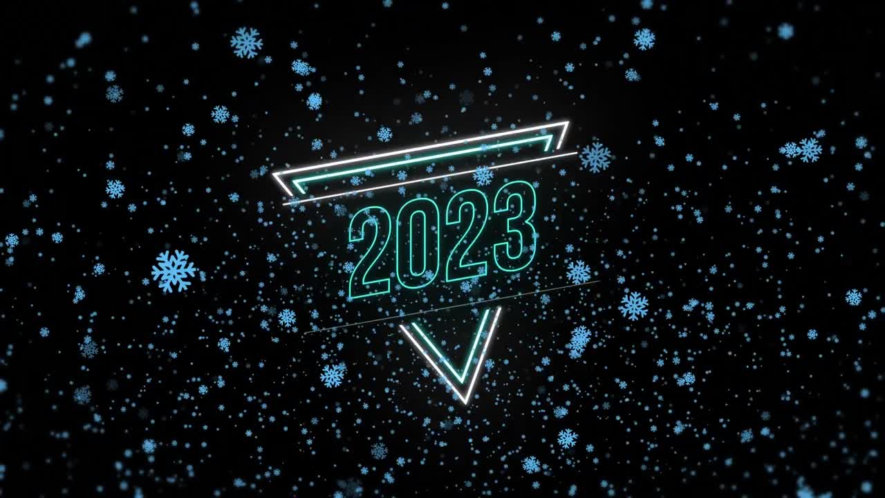 Animation of 2023 text over snow falling