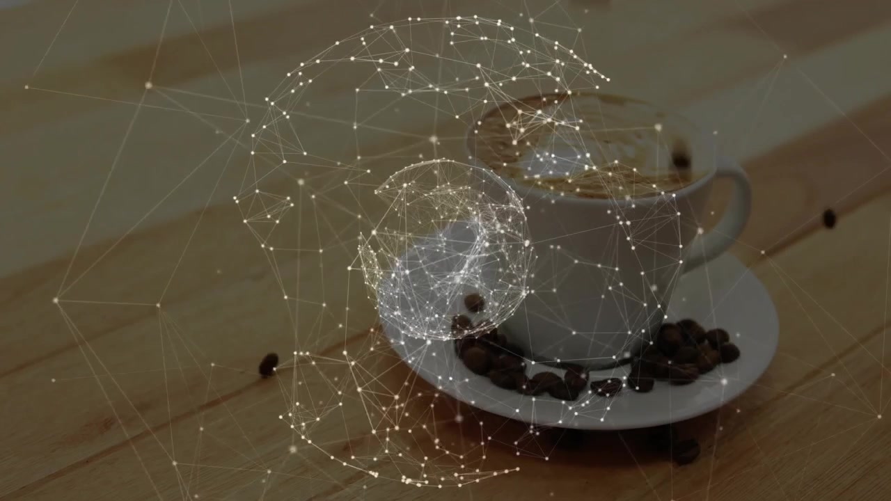 木製のテーブルに置かれた白い陶器のコーヒーカップとコーヒー豆、光るメッシュオーバーレイが表示されている