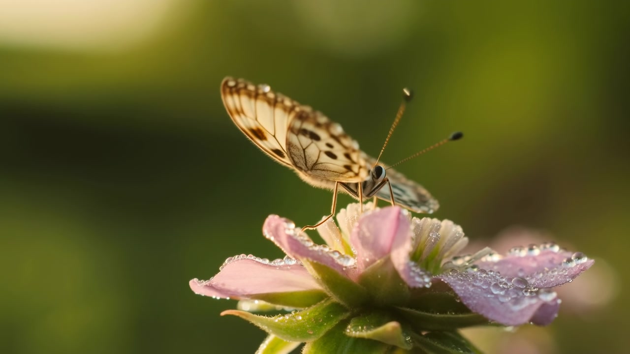 Farfalla su fiore rosa all'alba, scatto macro che cattura petali rugiadosi e ali disegnate mentre si nutre di nettare.