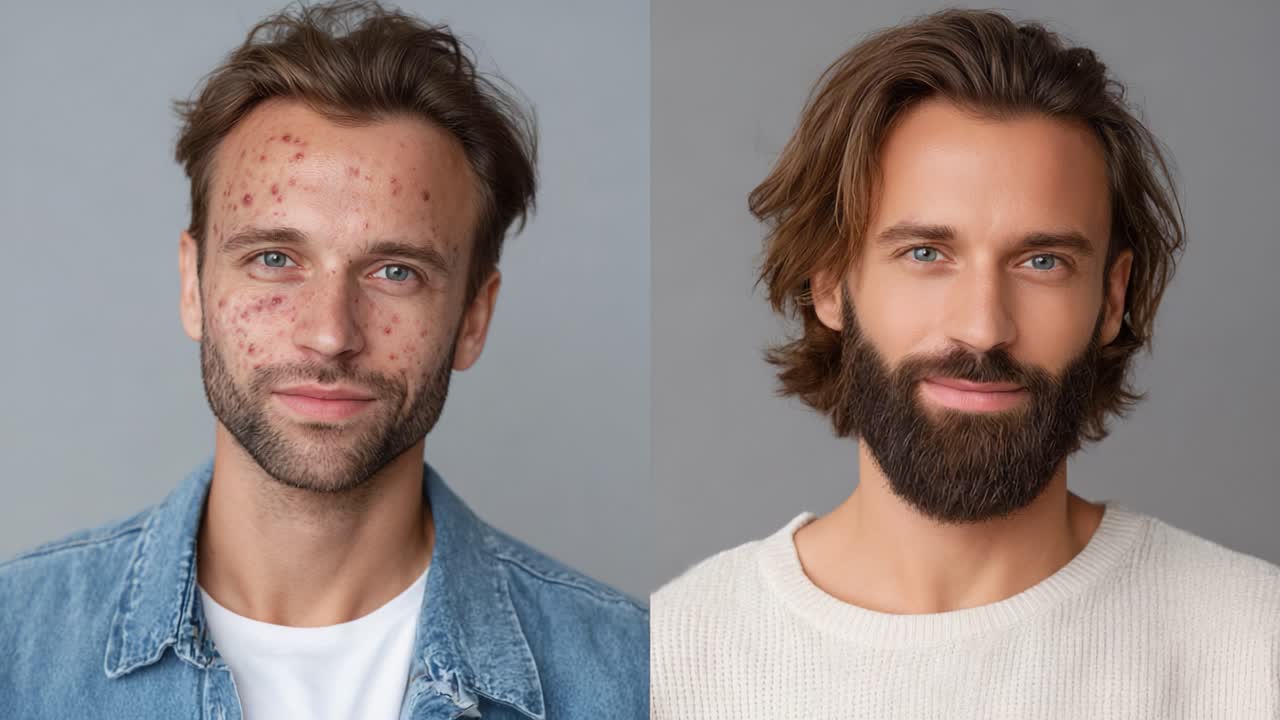 Transformation Journey: A Contrast of Two Frames Showcasing Skincare and Personal Grooming Achievements with Before-and-After Facial Features