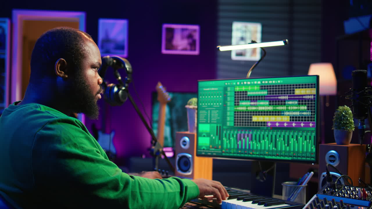 음악 작곡가는 전자 키보드 피아노 키를 연주하고 새로운 트랙을 녹음합니다.
