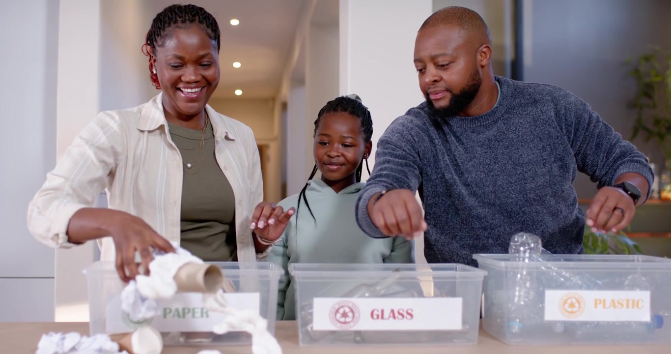 African American family teaching recycling, high-fiving, sorting at kitchen labeled bins
