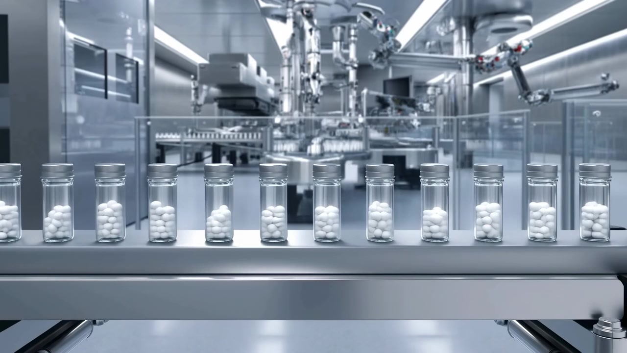 Una vista laterale dettagliata dell'interno di una fabbrica industriale, che mostra macchinari metallici e nastri trasportatori in un'atmosfera neutra. La scena presenta superfici grigie e bianche con plastica