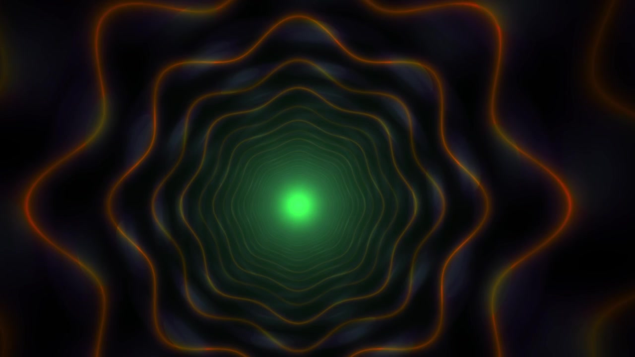 Tunnel astratto luminoso con linee neon ondulate e luce verde
