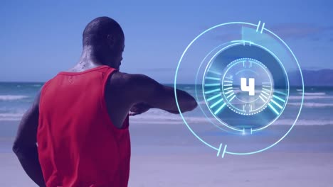 animación del reloj de carga de datos sobre un hombre afroamericano que usa un reloj inteligente