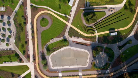 topdown view of a new central park with people strolling in gdynia, poland