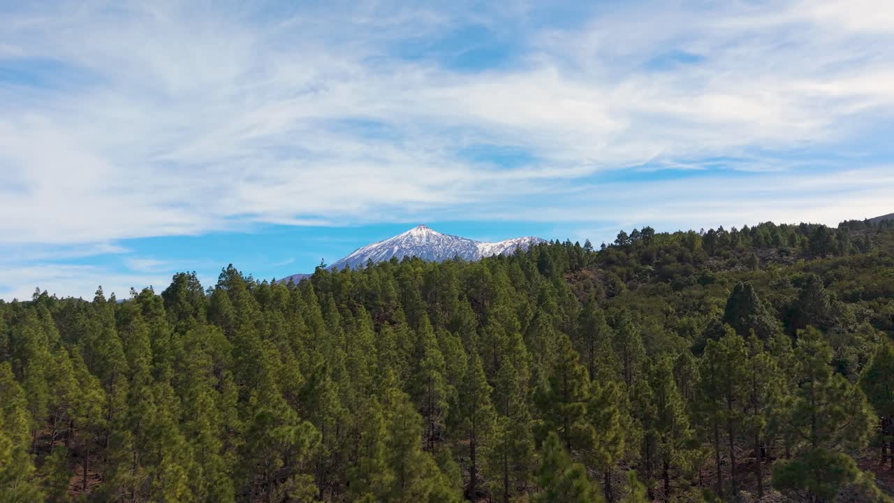 Veduta aerea dell'El Teide innevato, di pinete e di colate laviche