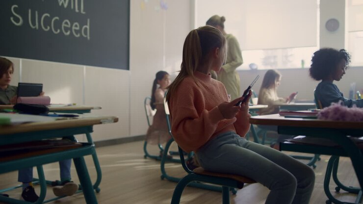 Kinderen gebruiken digitale tablets tijdens de les. Meisje houdt een tabletcomputer vast.