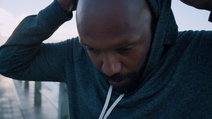 Face, black man and breathing outdoor
