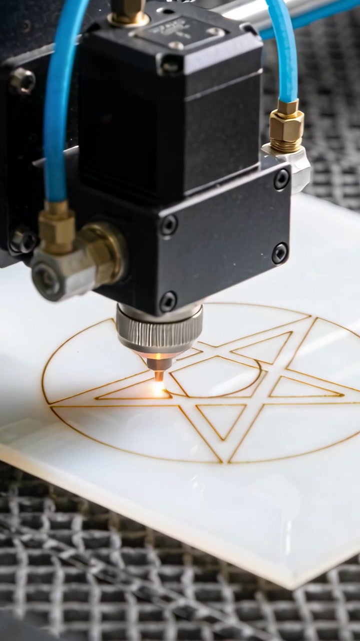 Vertical video: Starting job, laser head blue tube etching pentagram on acrylic at shop for design