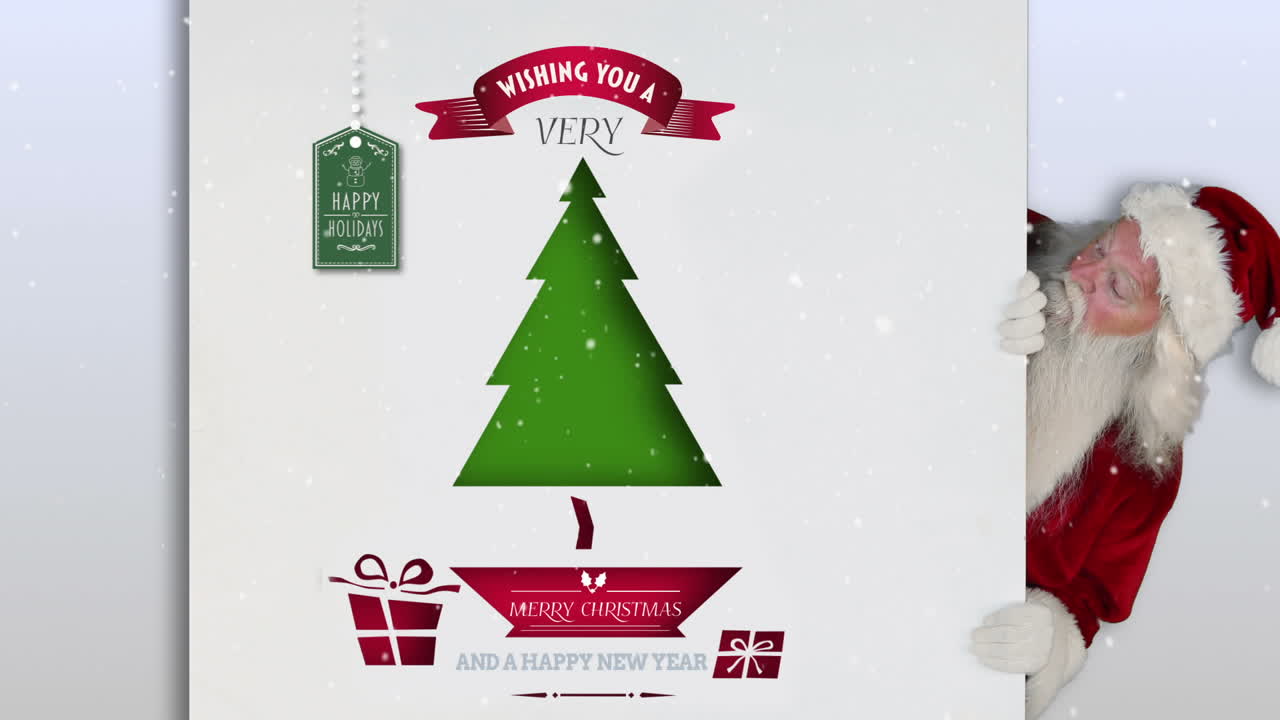 papá noel mirando alrededor de una tarjeta de navidad