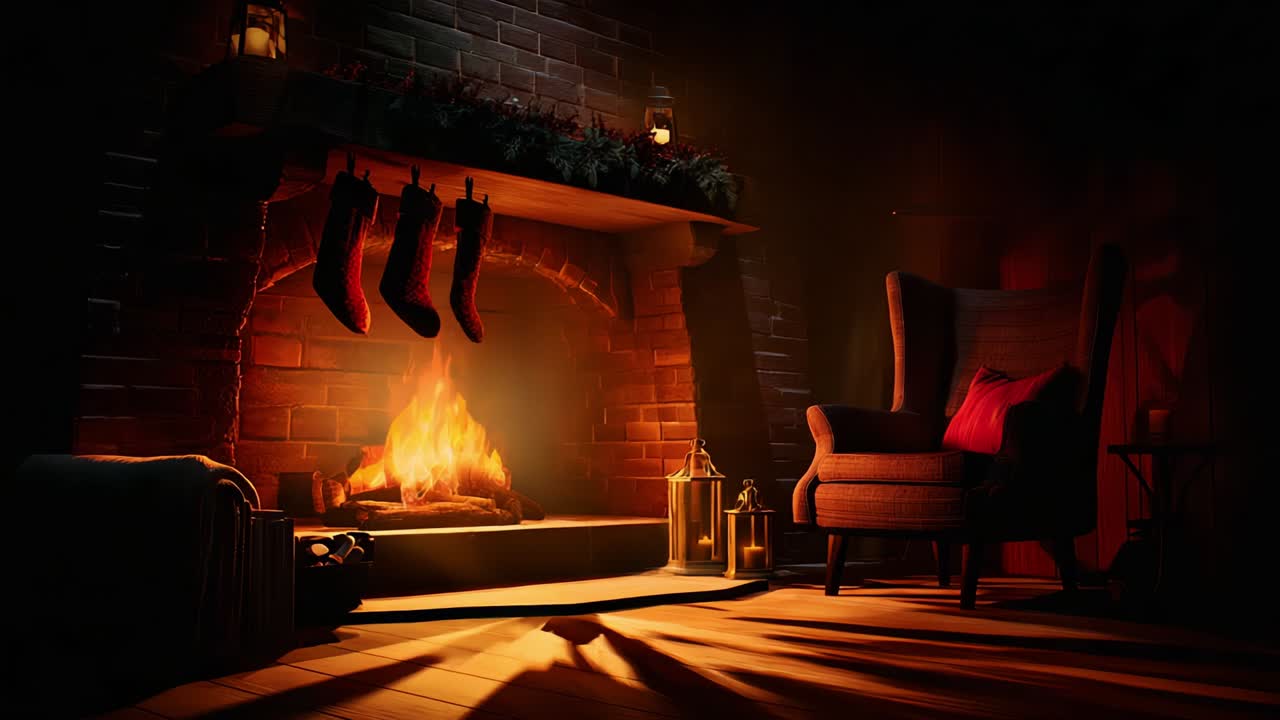 Warm and Inviting Holiday Scene Featuring a Cozy Fireplace with Stockings, Flickering Flames, and a Comfy Chair, Set in a Dimly Lit Room Perfect for Seasonal Gatherings and Celebrations