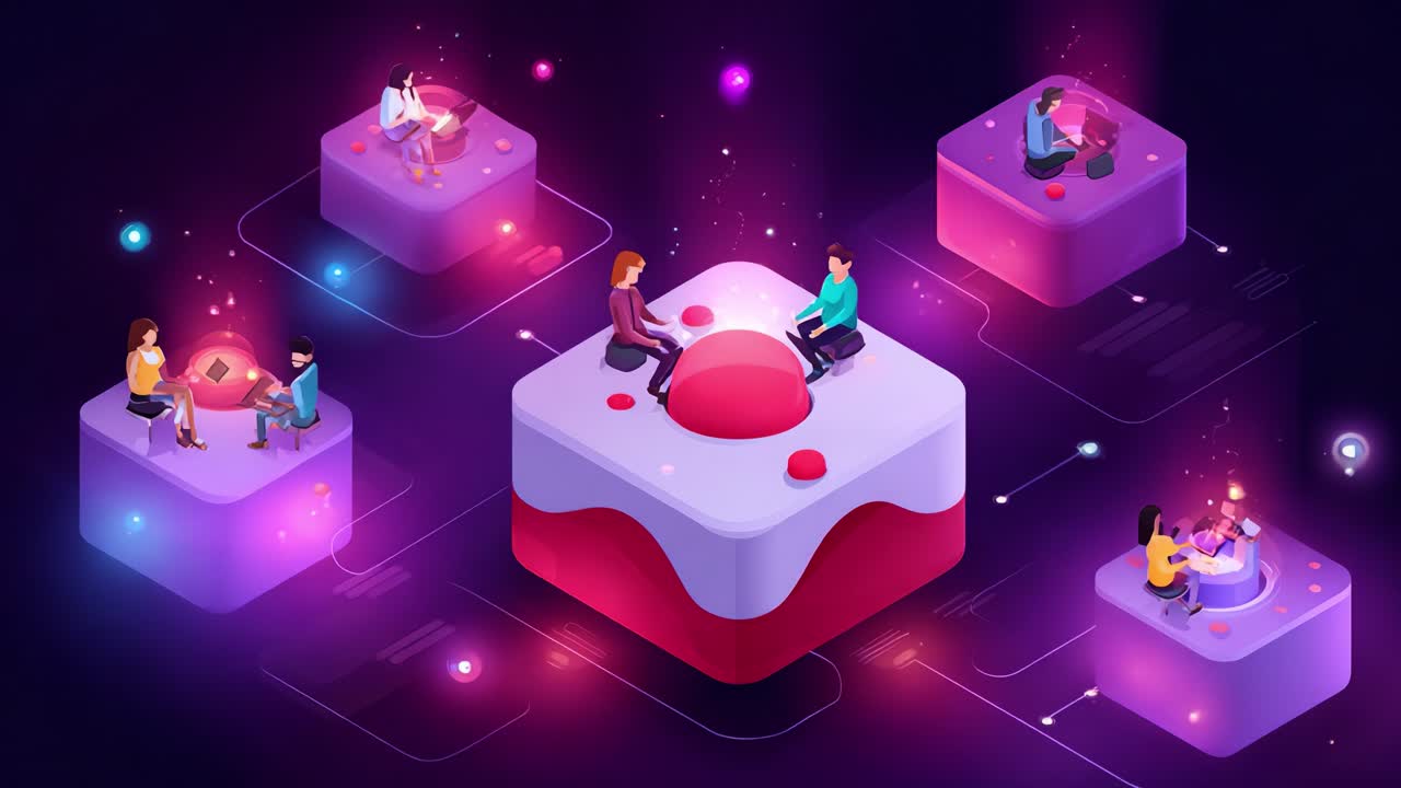 Exploring Modern Connectivity: A Vibrant and Engaging Digital Landscape Showcasing Individuals Collaborating and Interacting on Colorful, Abstract Platforms in a High-Tech Environment