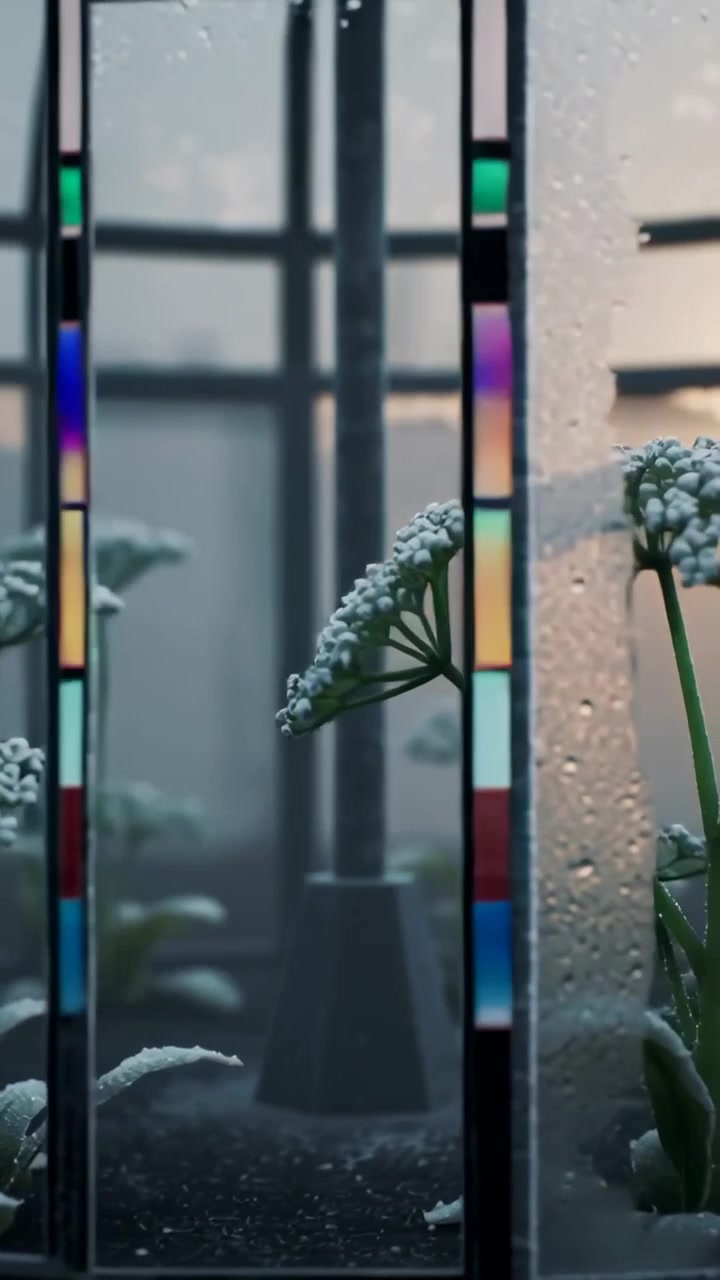 Vertical video: Rising sun lighting umbel plants sparkling with droplets in hothouse, stained glass
