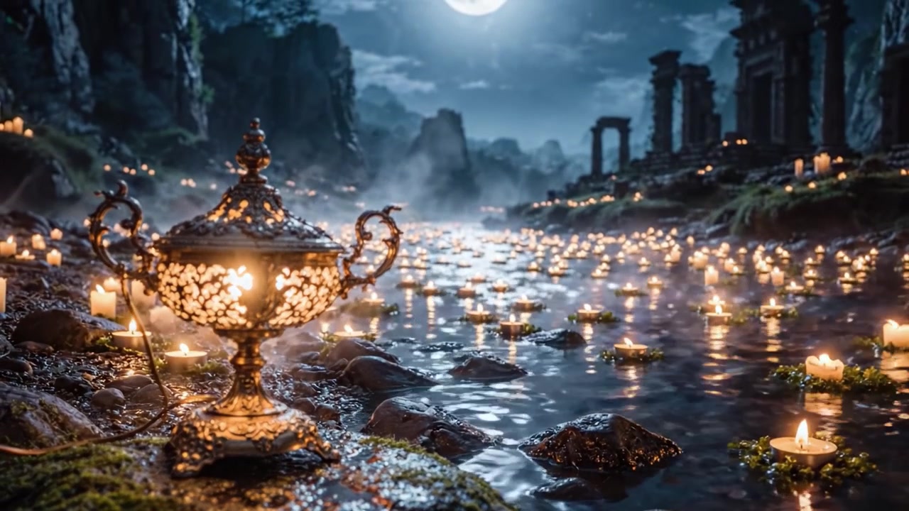 Una lanterna antica luminosa illumina una scena mistica di fiume al chiaro di luna, circondata da candele tremolanti e antiche rovine, creando un'atmosfera magica.