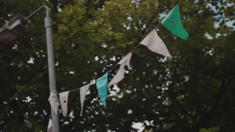 slow motion shot of flags blowing in the wind behind a tree on a street in belfast, northern ireland