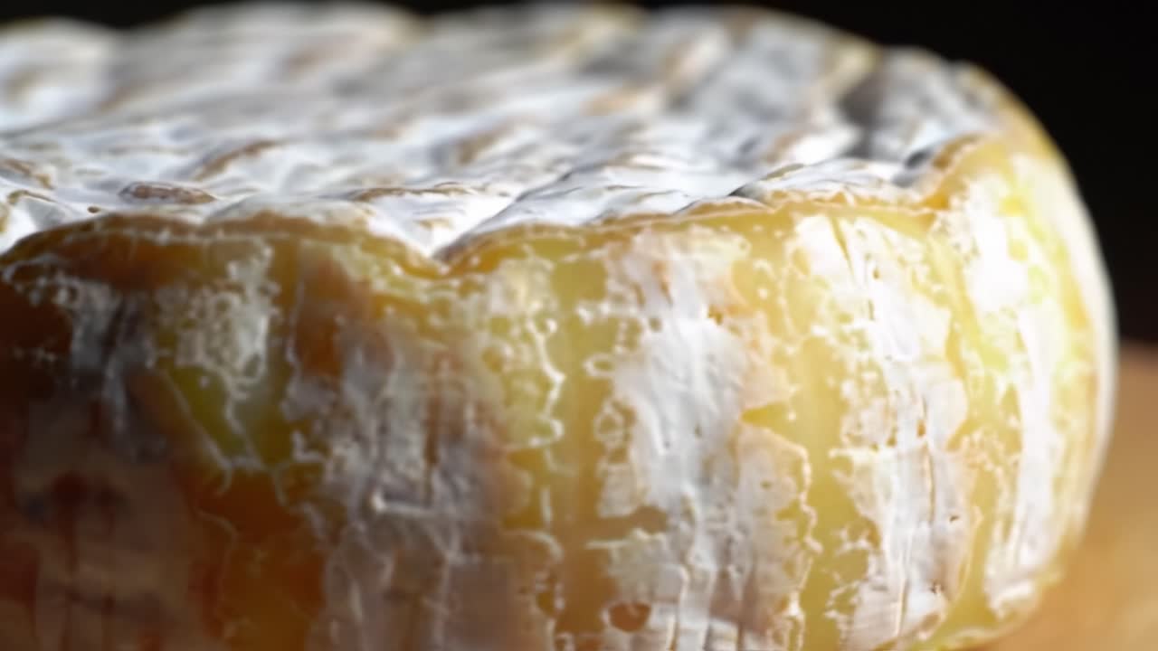 A Close-Up Exploration of a Unique Cheese, Showcasing Its Texture, Colors, and Distinctive Rind in Vivid Detail for Culinary Enthusiasts and Cheese Lovers