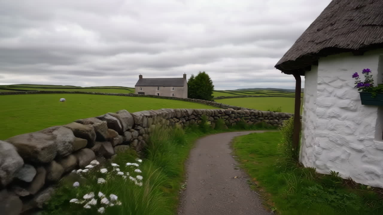 Picturesque Rural Landscape with Traditional Thatched Cottage and Green Fields