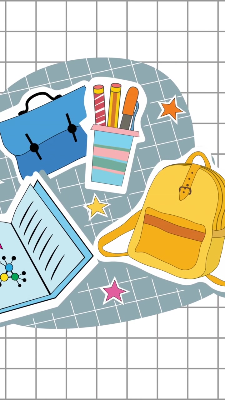 Animation of book, bag, pencils, bag on abstract pattern over grid pattern against white background