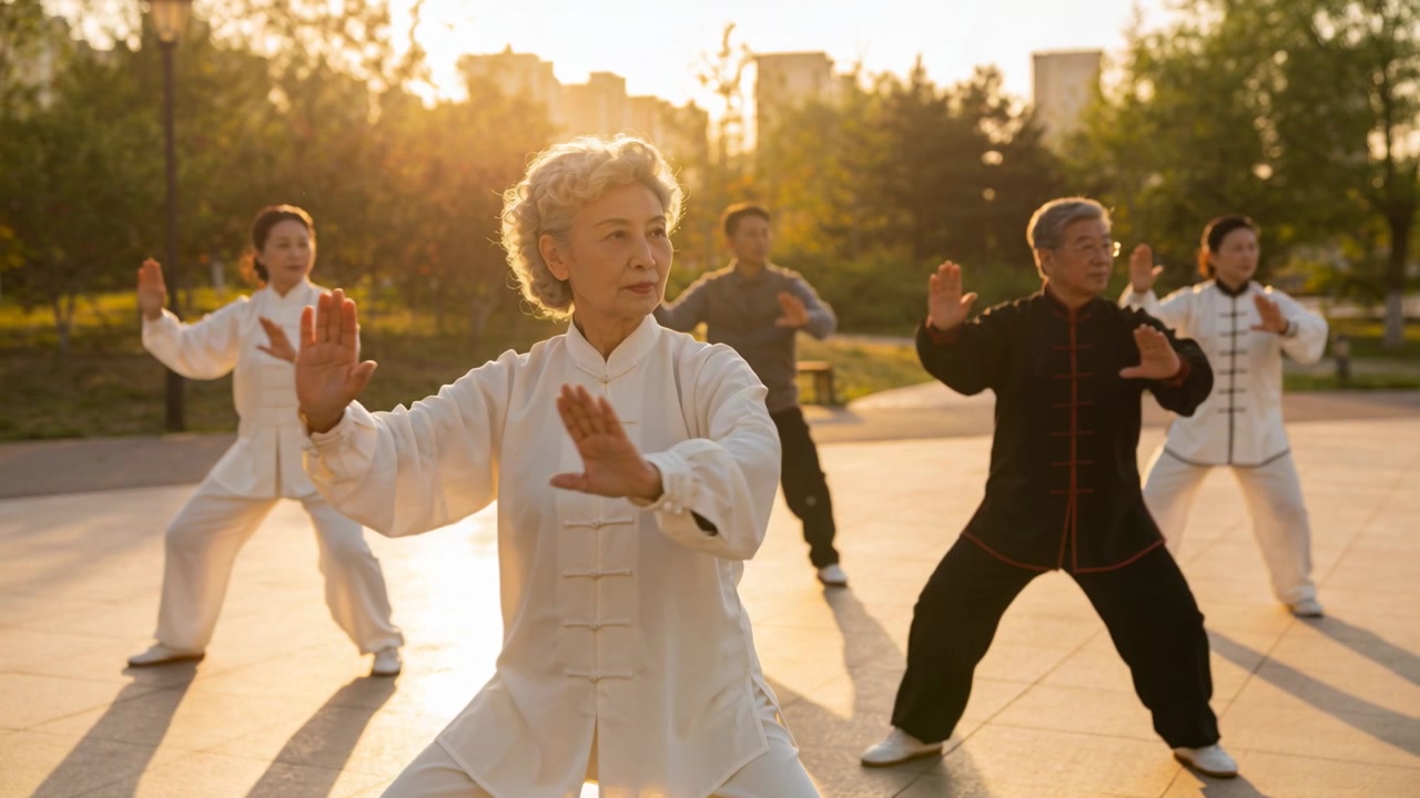 Wanita senior memimpin gerakan tai chi di plaza, membimbing kelompok berpakaian putih untuk berlatih.