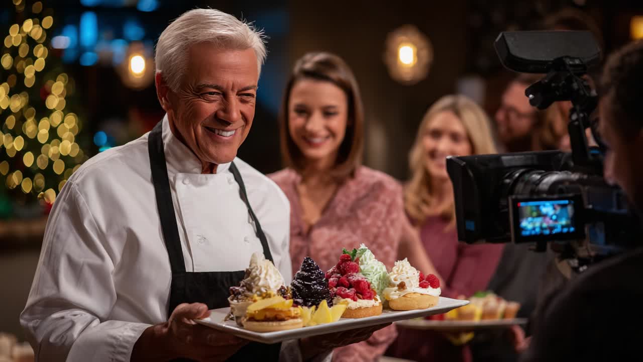 A Joyful Celebration of Culinary Creativity: A Chef Proudly Displays an Array of Exquisite Desserts While Being Filmed, Capturing the Moments of Delight and Taste, Surrounded by an Enthusiastic Audience