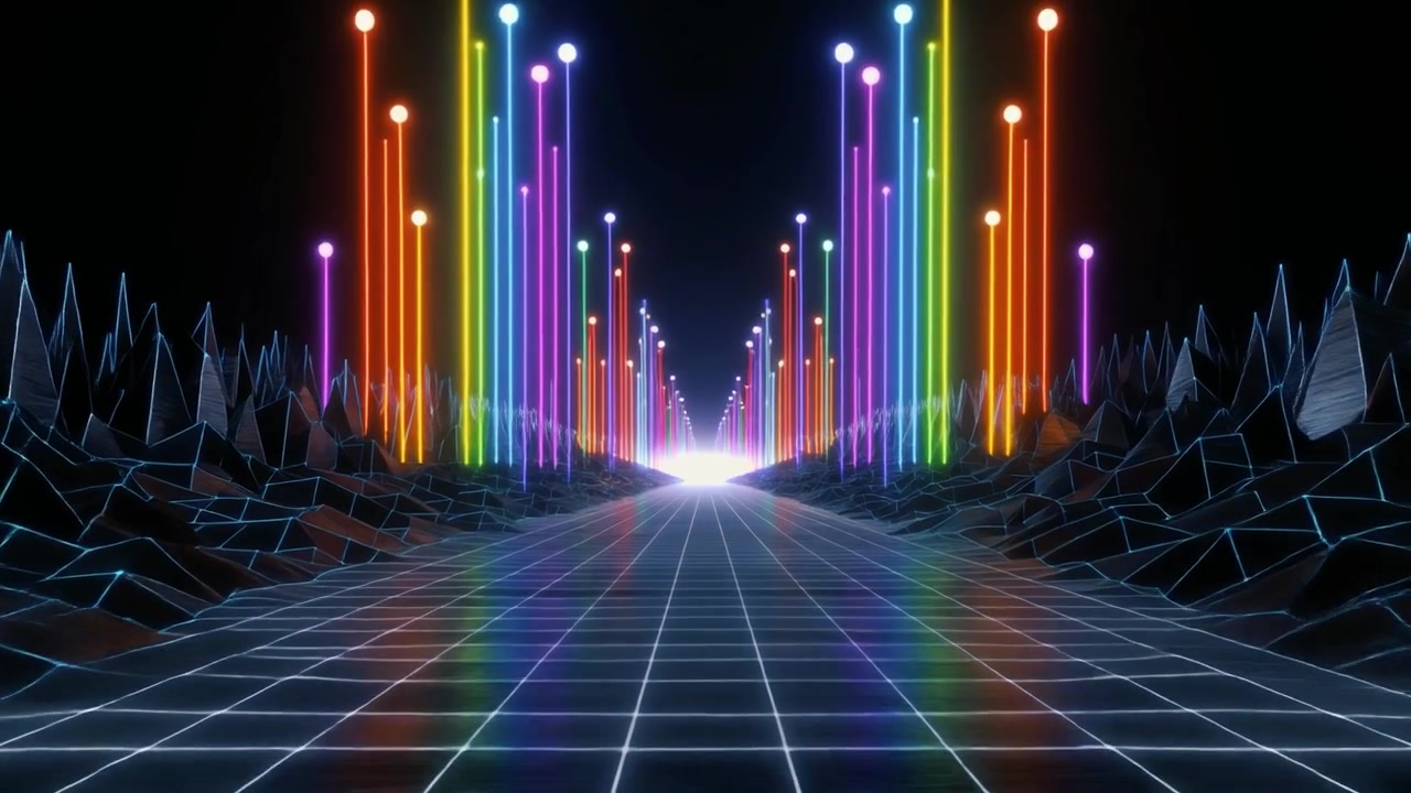 Paesaggio Digitale Retro Synthwave con Luci al Neon Luminose