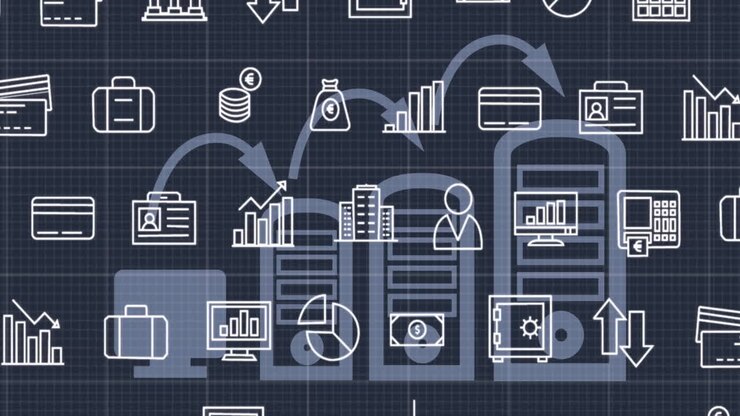 Animation of business icons over servers on black background