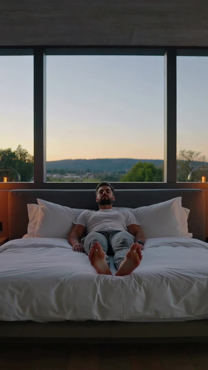 Vertical video: Entering man in white tee, watch moving on bed at dusk, reclining resting by lamps