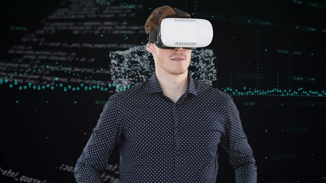 animación del hombre en auriculares vr utilizando la interfaz sobre el procesamiento de datos