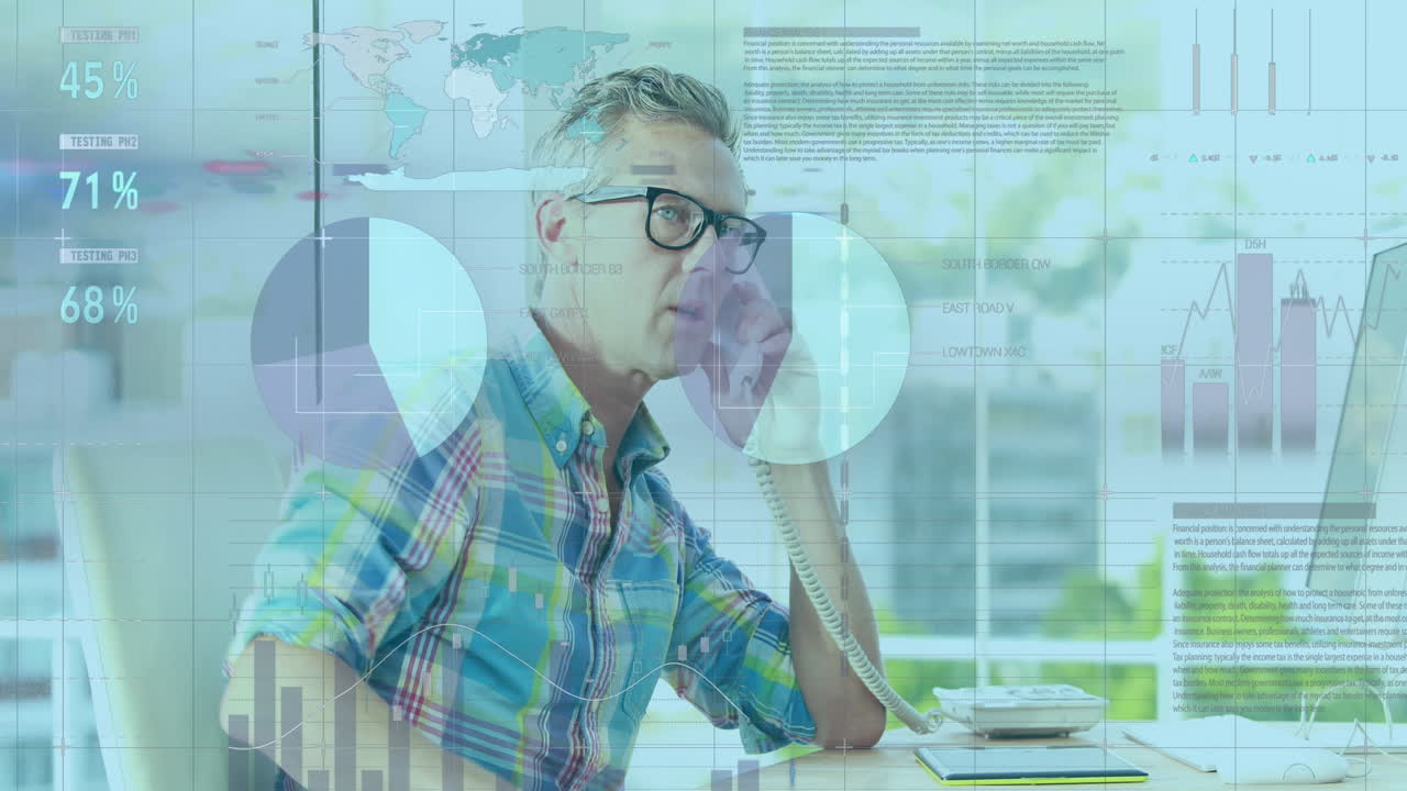 Animation of financial data processing over caucasian businessman in office