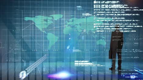 animation of data processing and statistics over world map and businessman