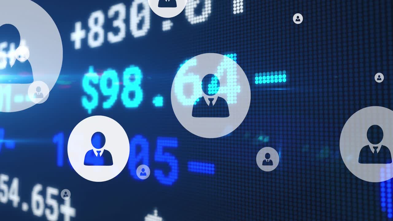 블루 스크린에서 금융 데이터 처리에 대한 사람 아이콘의 애니메이션