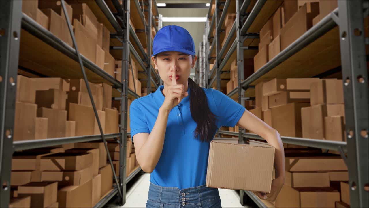 mensajera asiática en uniforme azul mostrando un gesto de silencio y sacudiendo la cabeza mientras entrega un cartón en el almacén