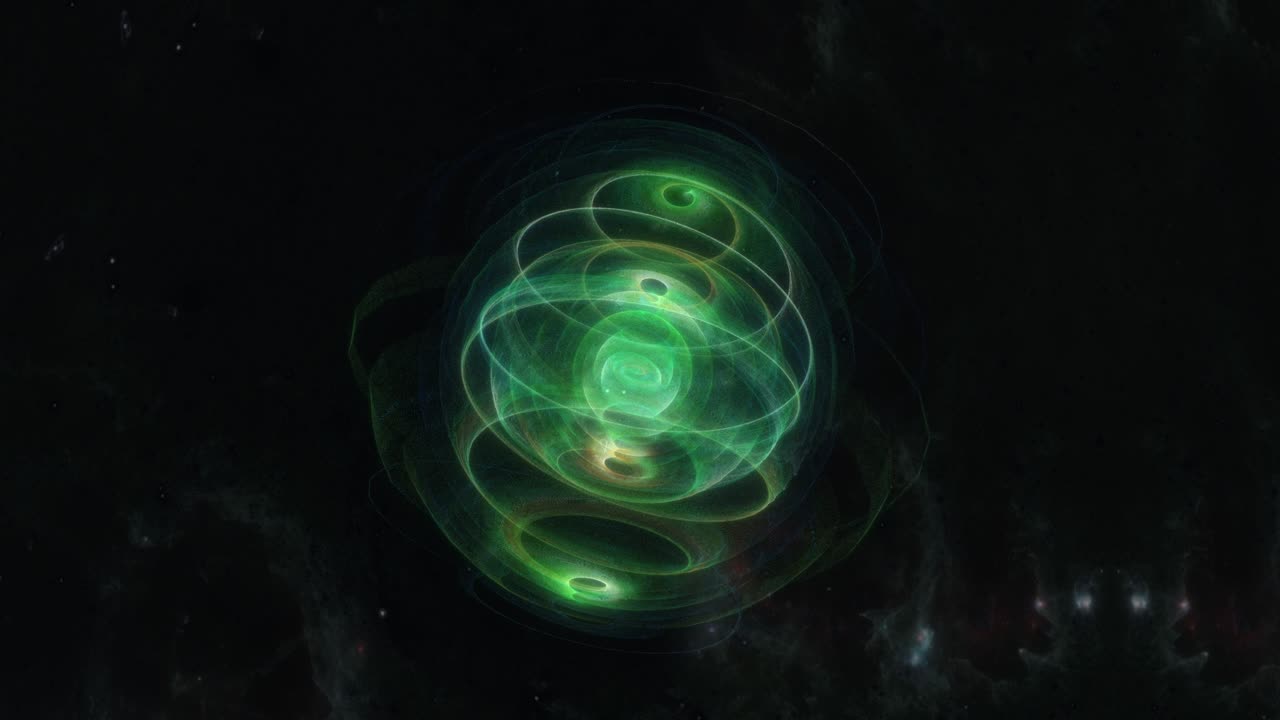 abstracto retorcido brillante verde objeto de plasma giratorio no identificado. 4k 3d representación de arte abstracto no identificado brillante verde objeto misterioso gira contra el cielo oscuro en el espacio profundo. fantasía ciencia ficción bg.