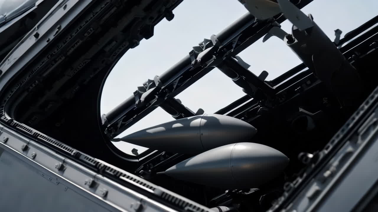 Close-up view of a fighter jet and its weaponry